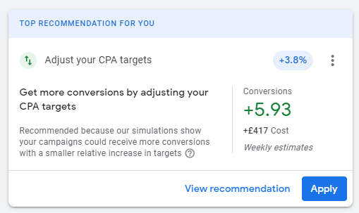 Google Ads Recommendation Adjust Target CPA