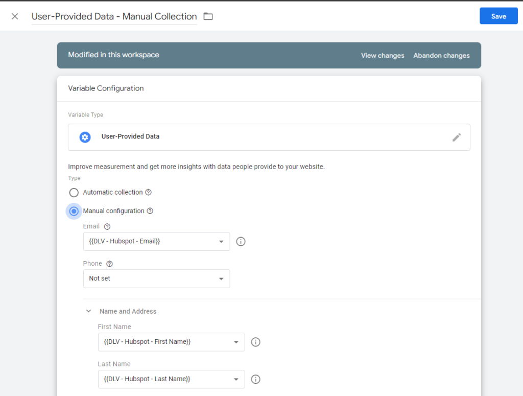 user provided data - manual configuration