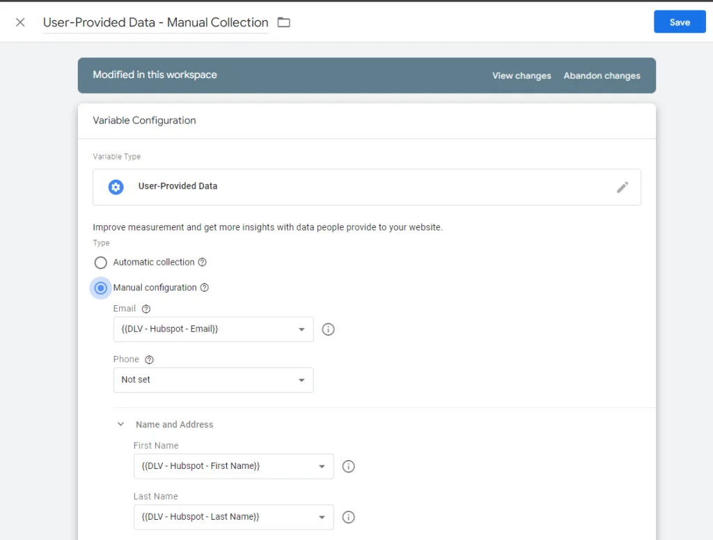 user provided data - manual configuration
